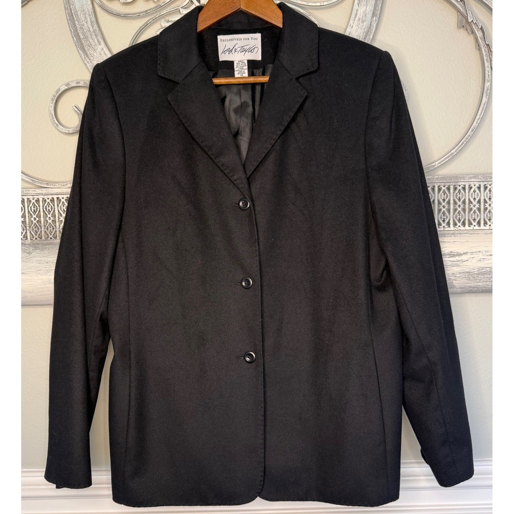 Lord & Taylor Black Wool Cashmere Blend 3-Button Blazer Jacket Womens Sz 14 EUC